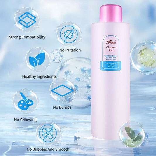 Elma Cleanser Plus bottle with product features on a blue background