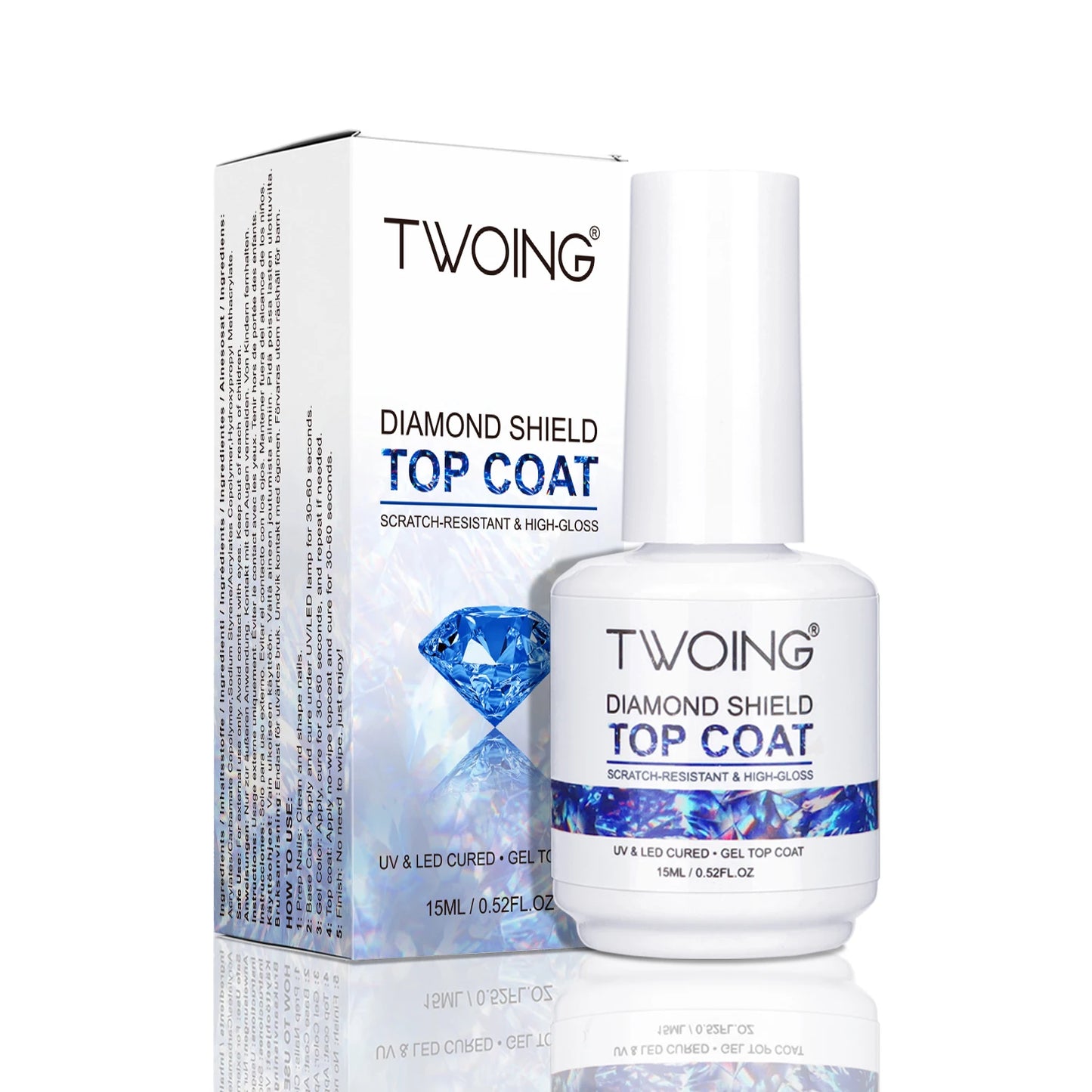 Twoing Diamond Shield top coat bottle and packaging on a white background