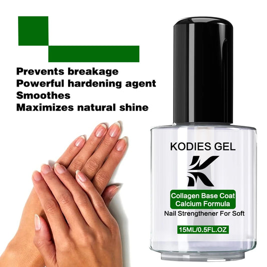 Kodies Gel nail polish bottle with hands showing nails and text about product benefits on a white background