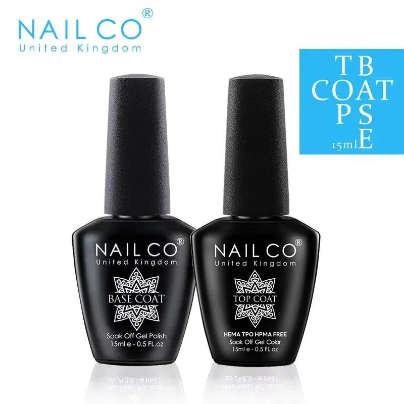 Two black nail polish bottles labeled 'Base Coat' and 'Top Coat' by NAIL CO on a white background.