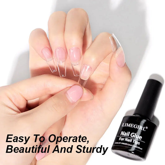 Hand with false nails and a bottle of Limegirl nail glue on a white background