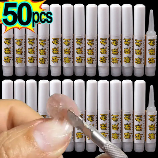 Multiple tubes of adhesive with a hand applying glue and a tool, against a black background.