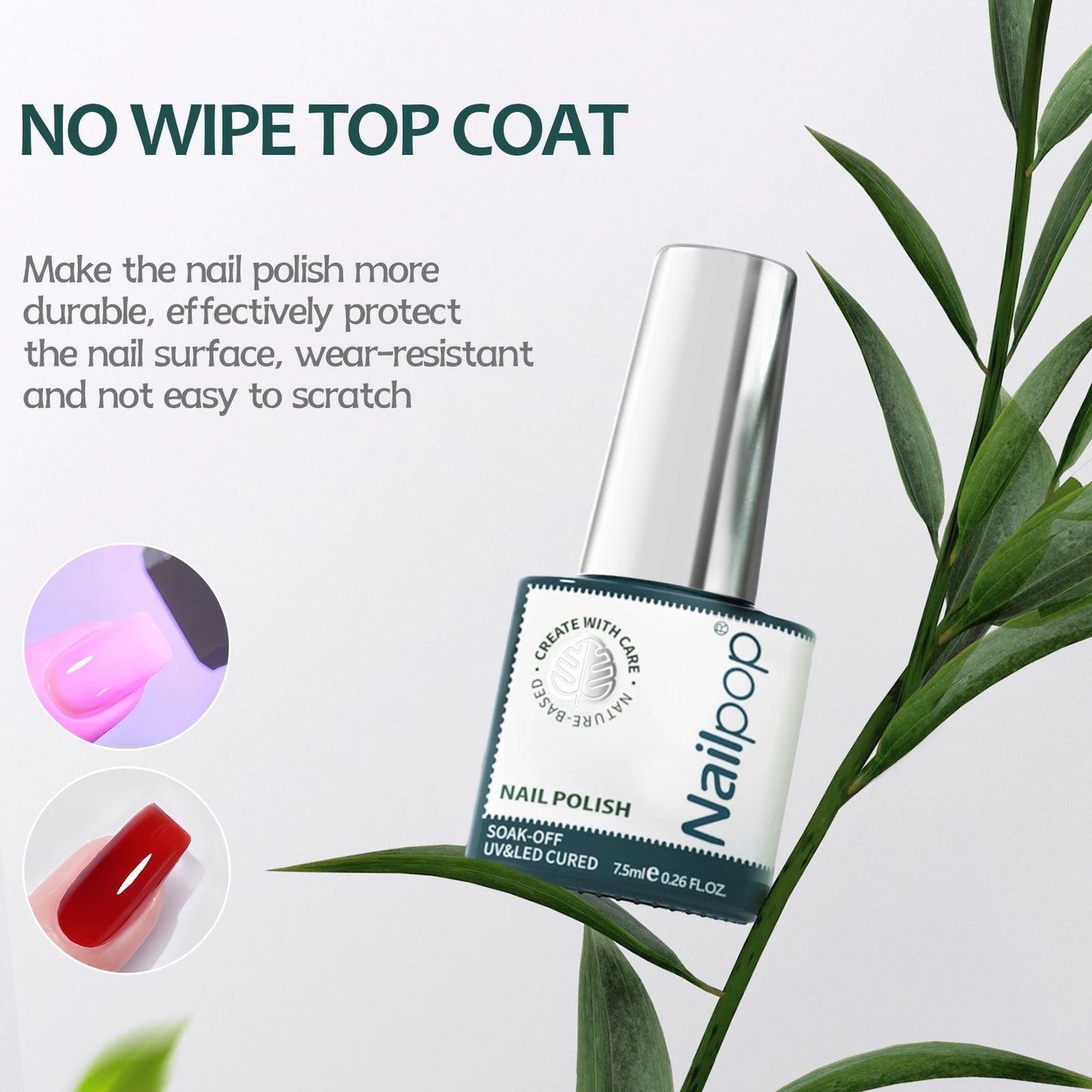 Nail polish bottle with green leaves on a light gray background