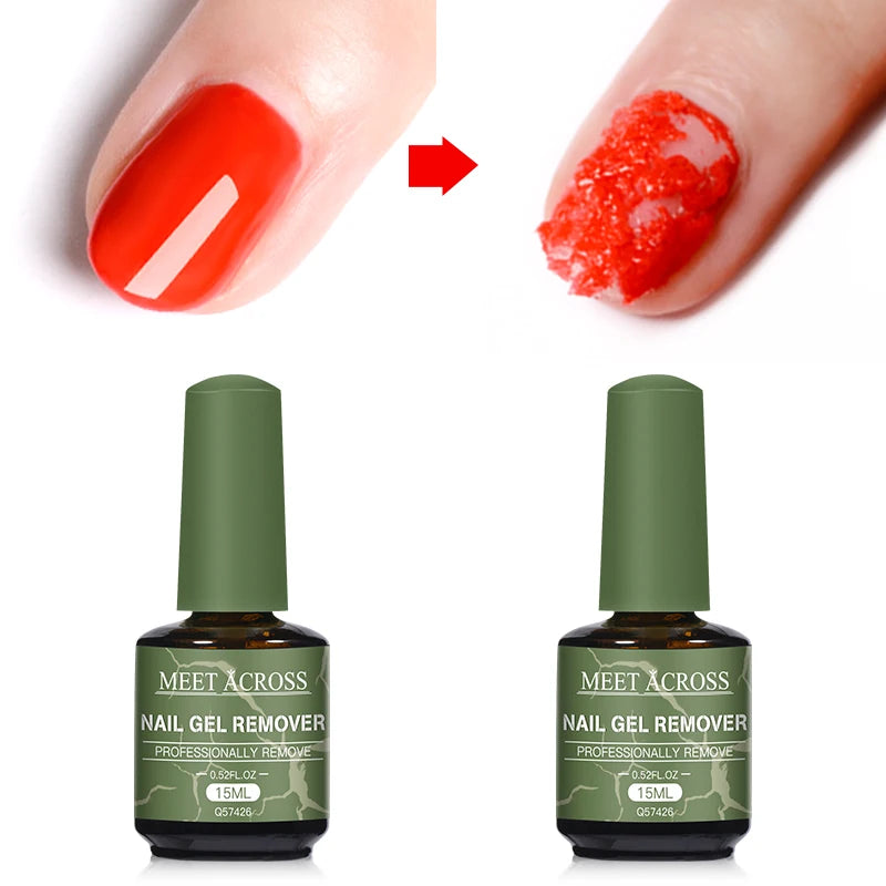 Two bottles of Meet Across nail gel remover with a before-and-after comparison of red nail polish.
