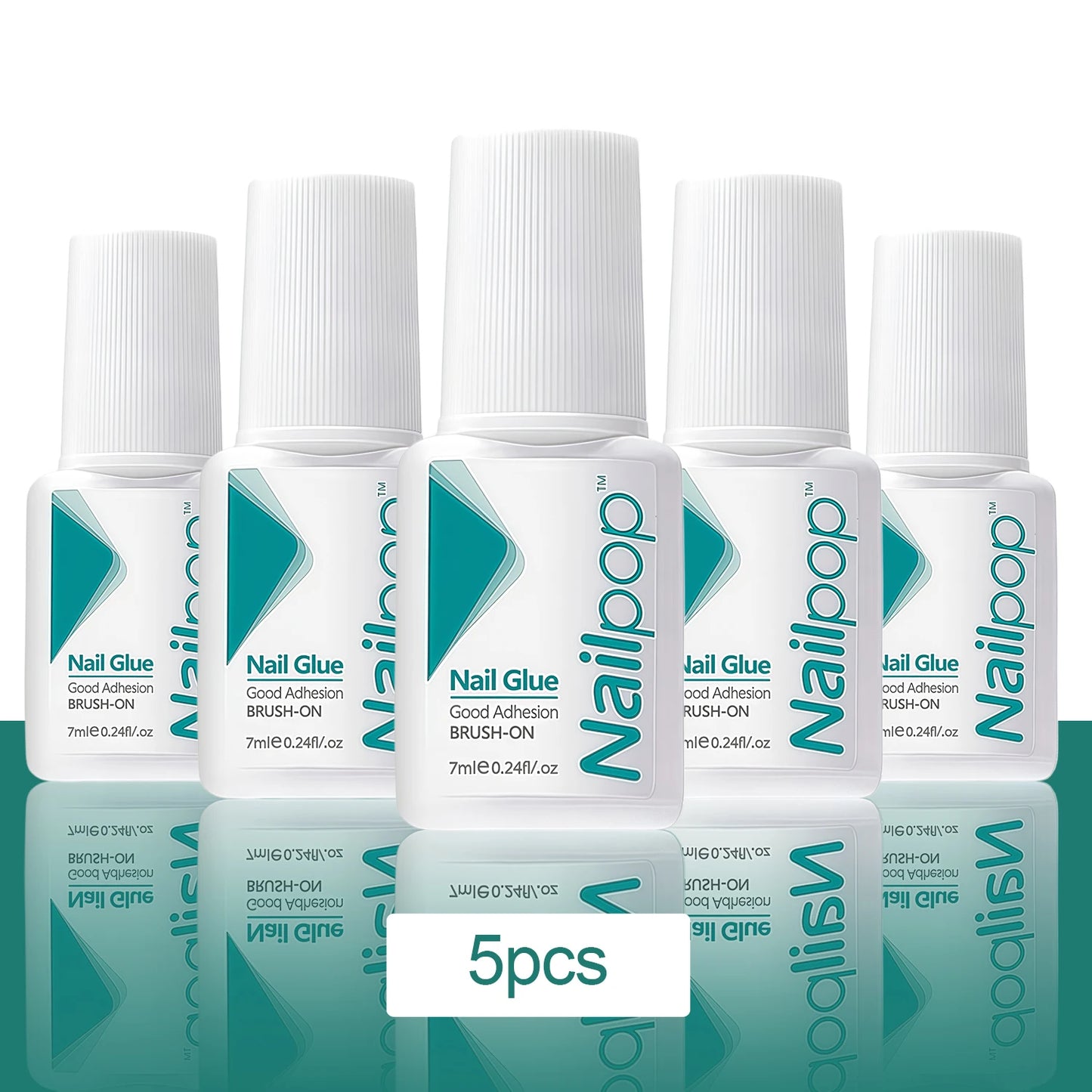 Five bottles of Nailpop nail glue on a white background