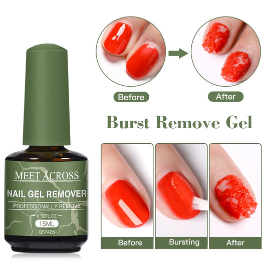 Nail gel remover bottle with before and after illustrations on a white background