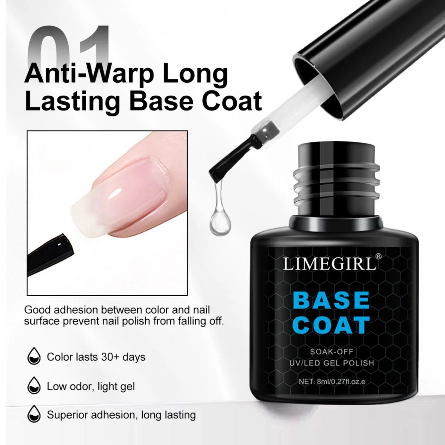 Limegirl base coat bottle with application on nail and product details.