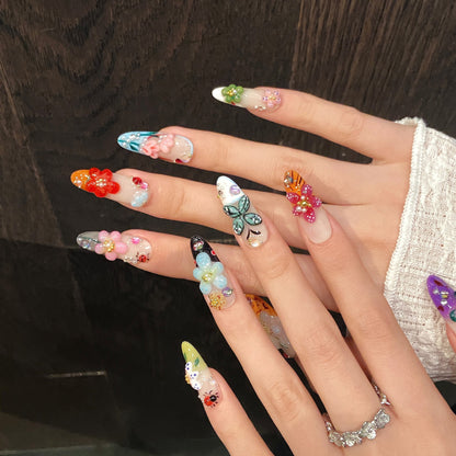 French Style 3D Floral Insect Carved Press On Nails