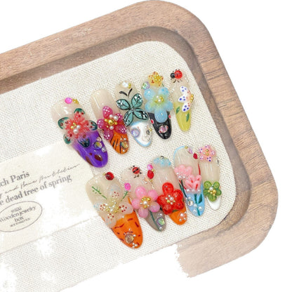 French Style 3D Floral Insect Carved Press On Nails