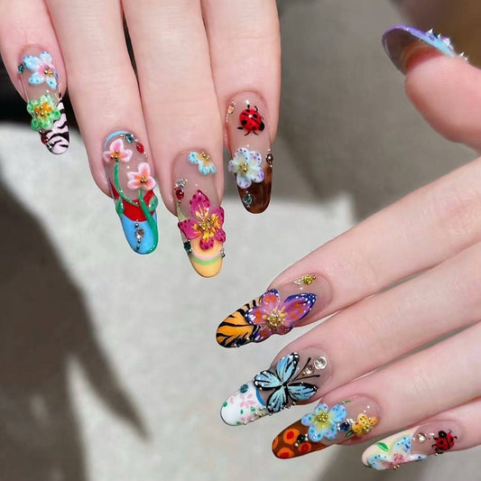 French Style 3D Floral Insect Carved Press On Nails