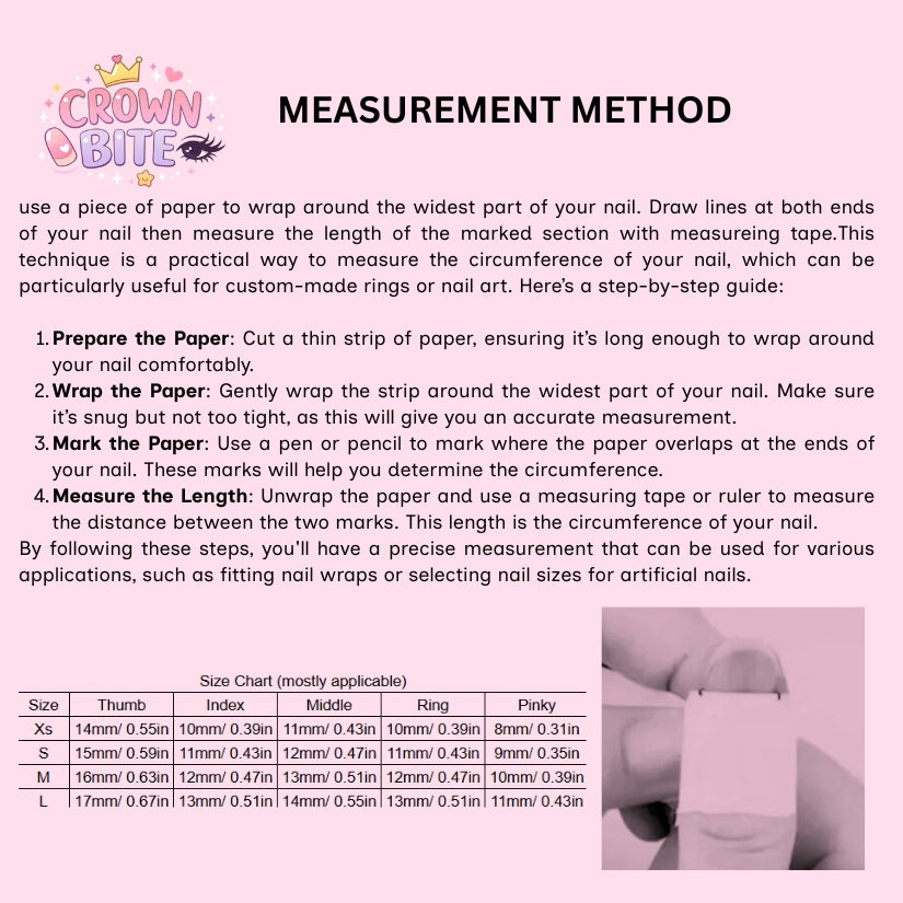 Measurement guide for nail wraps with a size chart on a pink background