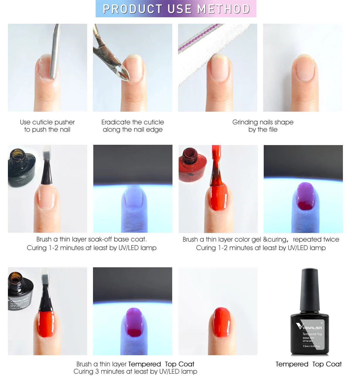 Step-by-step guide to using nail polish with images of hands and nail care tools.