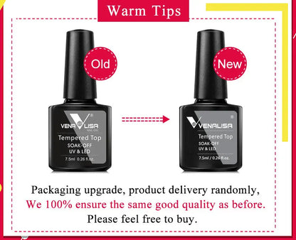 Two bottles of Venalisa nail gel polish with text indicating a packaging upgrade.