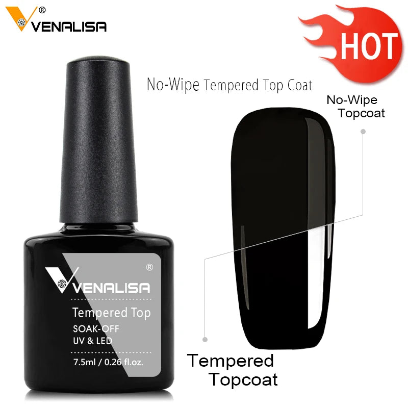 Venalisa tempered top coat bottle with a black nail and 'HOT' label on a white background