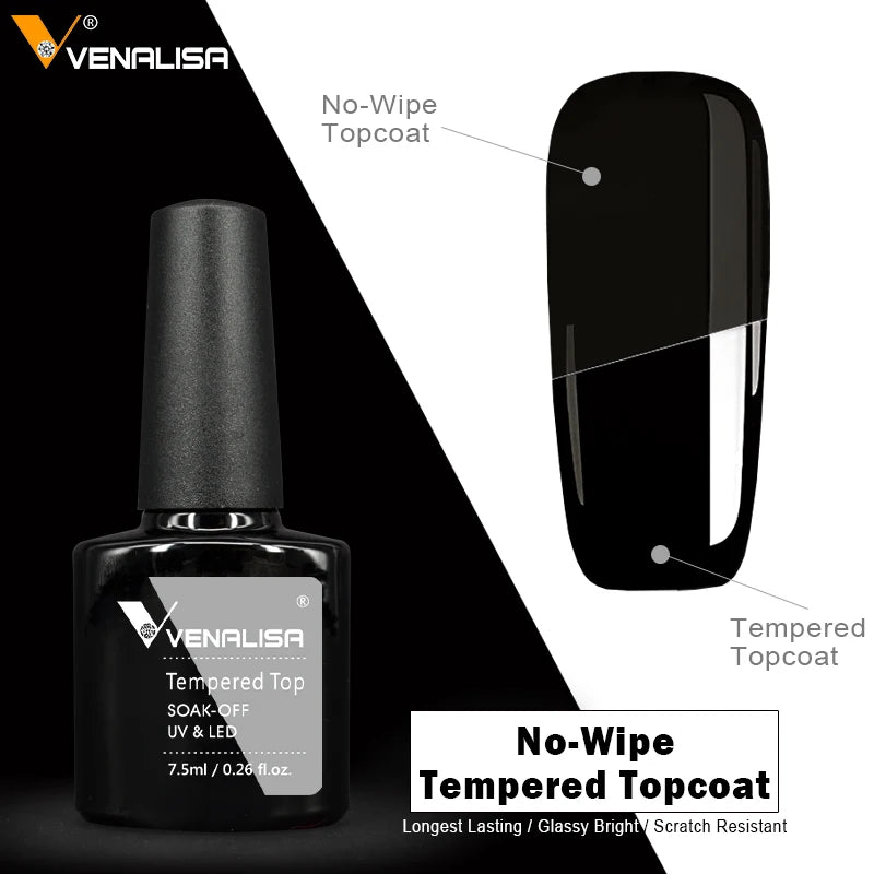 Venalisa tempered topcoat bottle and application on a black background