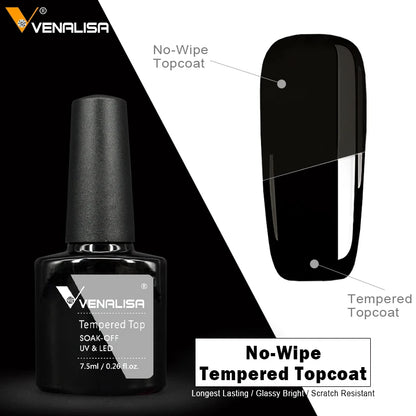 Venalisa tempered topcoat bottle and application on a black background