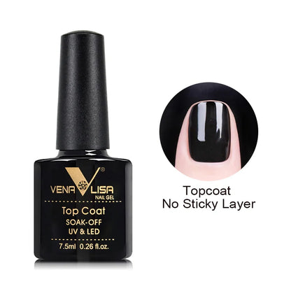 Vena Lisa nail gel top coat with a close-up of a black nail on a white background