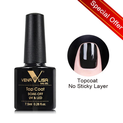 Vena Lisa nail gel top coat with a close-up of a black nail on a white background