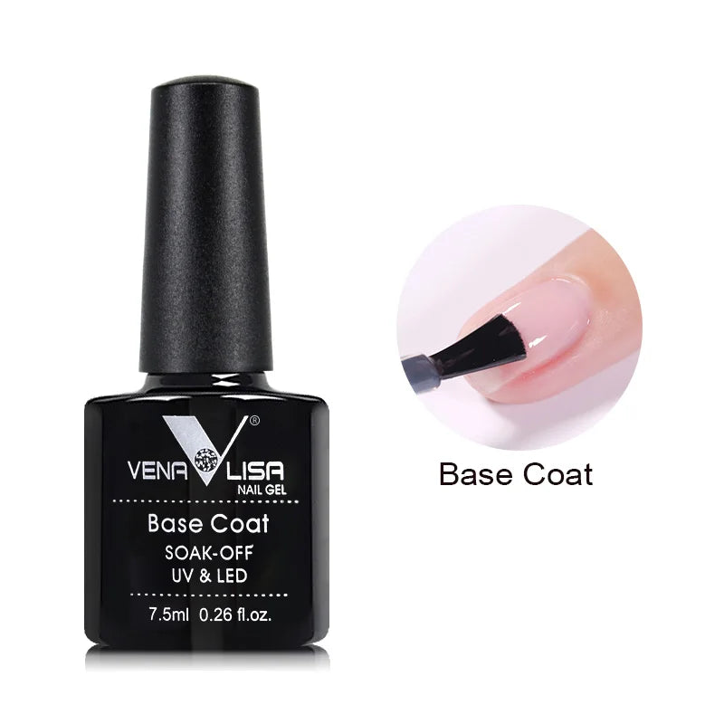 Vena Lisa nail gel base coat bottle with a close-up of a applied nail on a white background