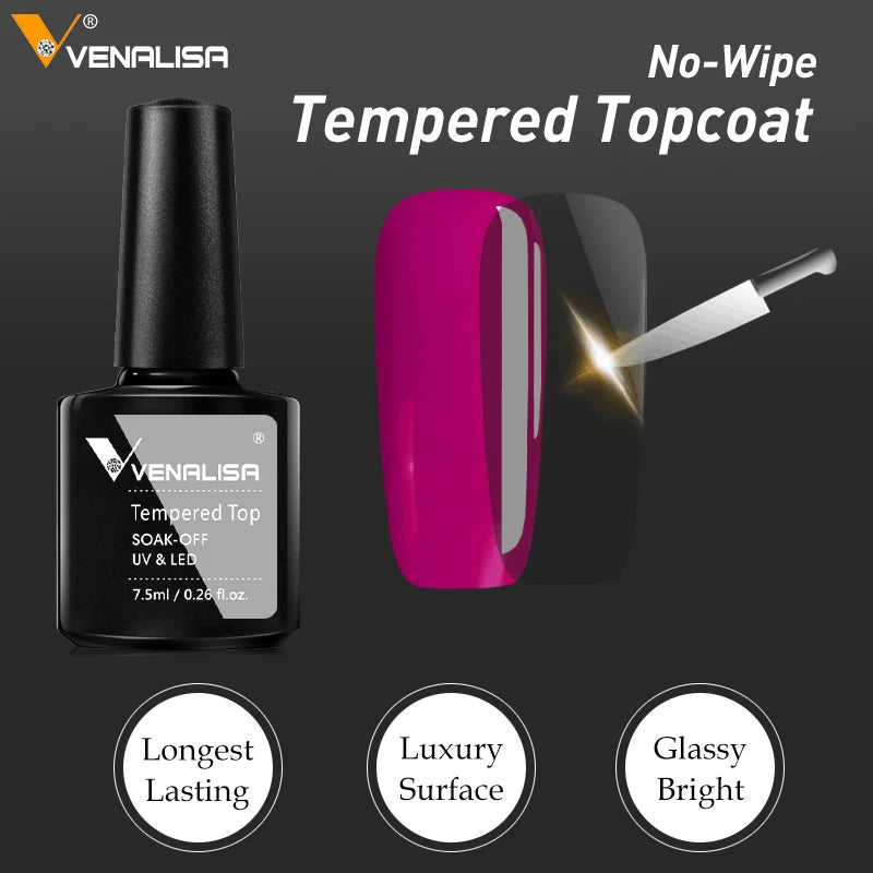 Venalisa no-wipe tempered topcoat with a nail polish bottle and a nail being coated on a dark background.