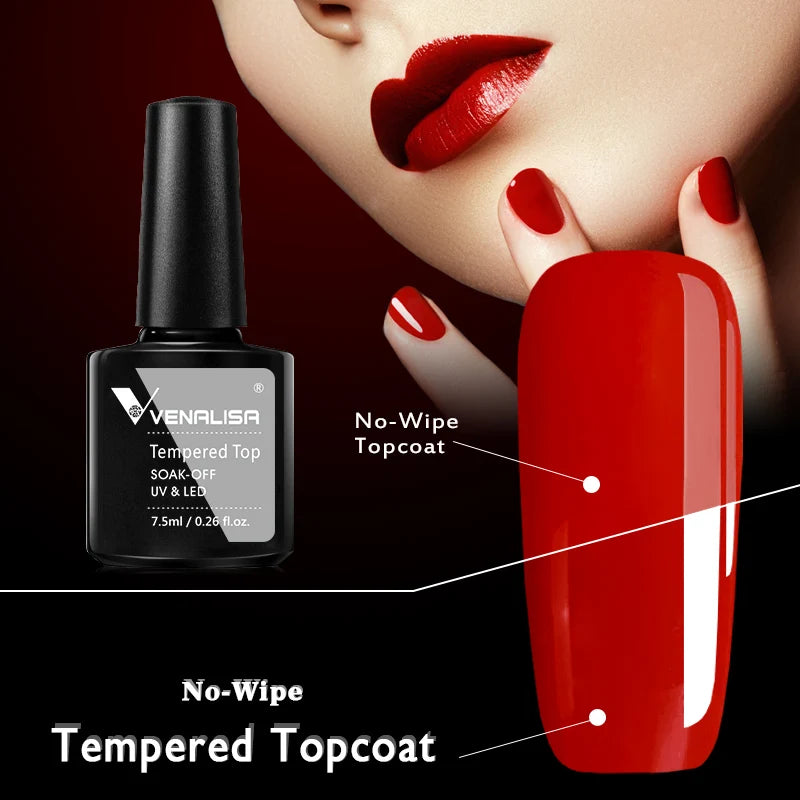 Venalisa tempered topcoat bottle with red nail polish and close-up of red lips and nails.