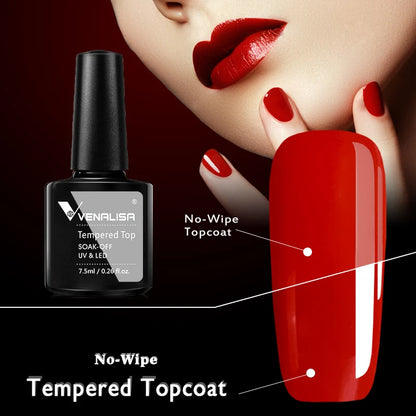 Venalisa tempered topcoat bottle with red nail polish and close-up of red lips and nails.