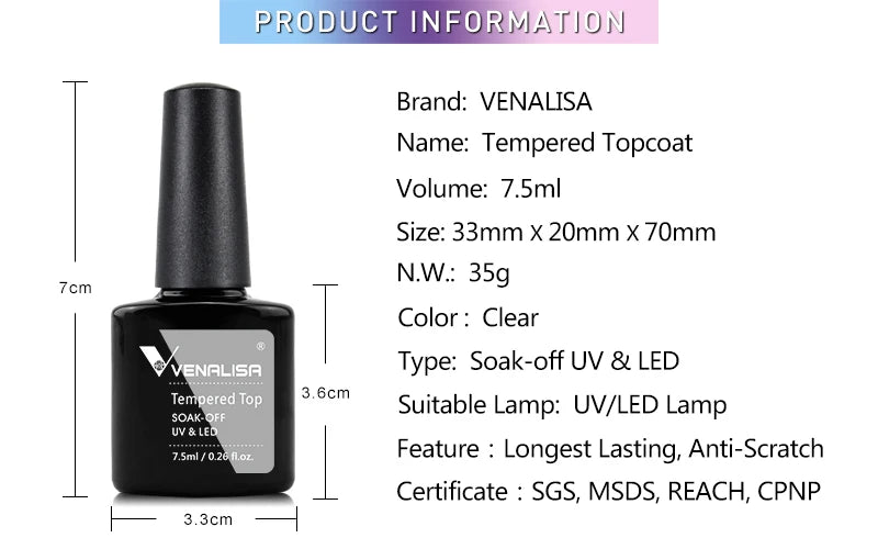 Venalisa tempered topcoat bottle with product information on a white background