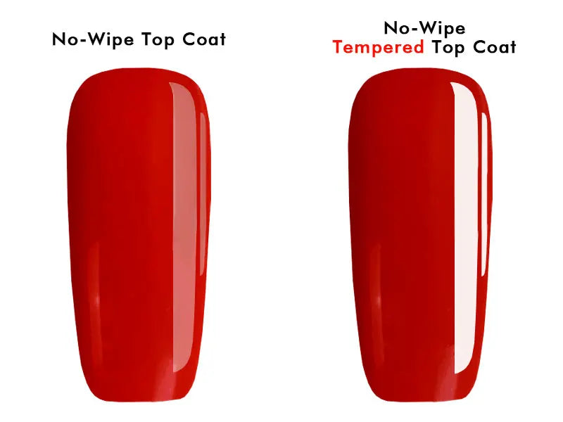 Two red nail samples labeled 'No-Wipe Top Coat' and 'No-Wipe Tempered Top Coat' on a white background.