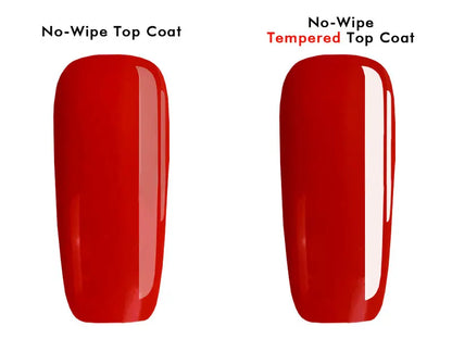 Two red nail samples labeled 'No-Wipe Top Coat' and 'No-Wipe Tempered Top Coat' on a white background.