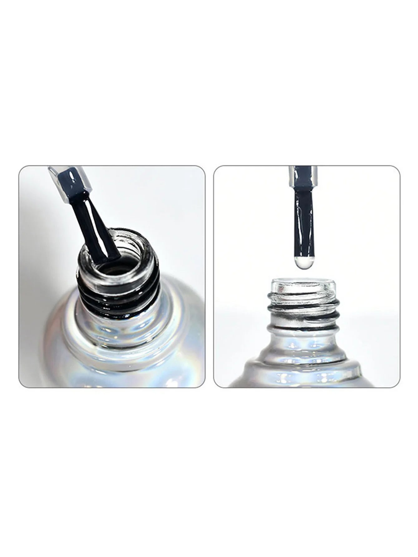 Close-up of a nail polish bottle with a brush applying polish to a surface.