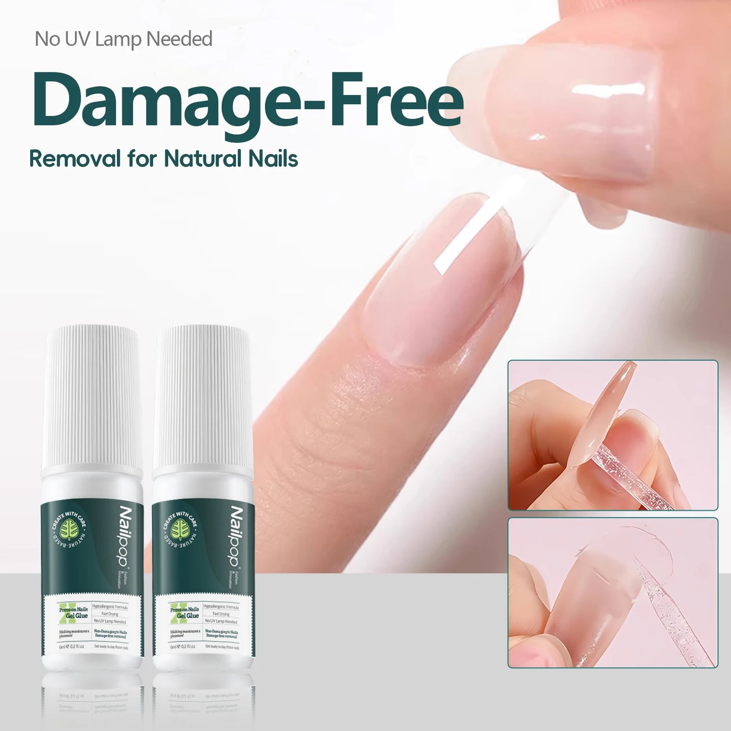 Nail care product with text 'No UV Lamp Needed Damage-Free Removal for Natural Nails' on a white background.