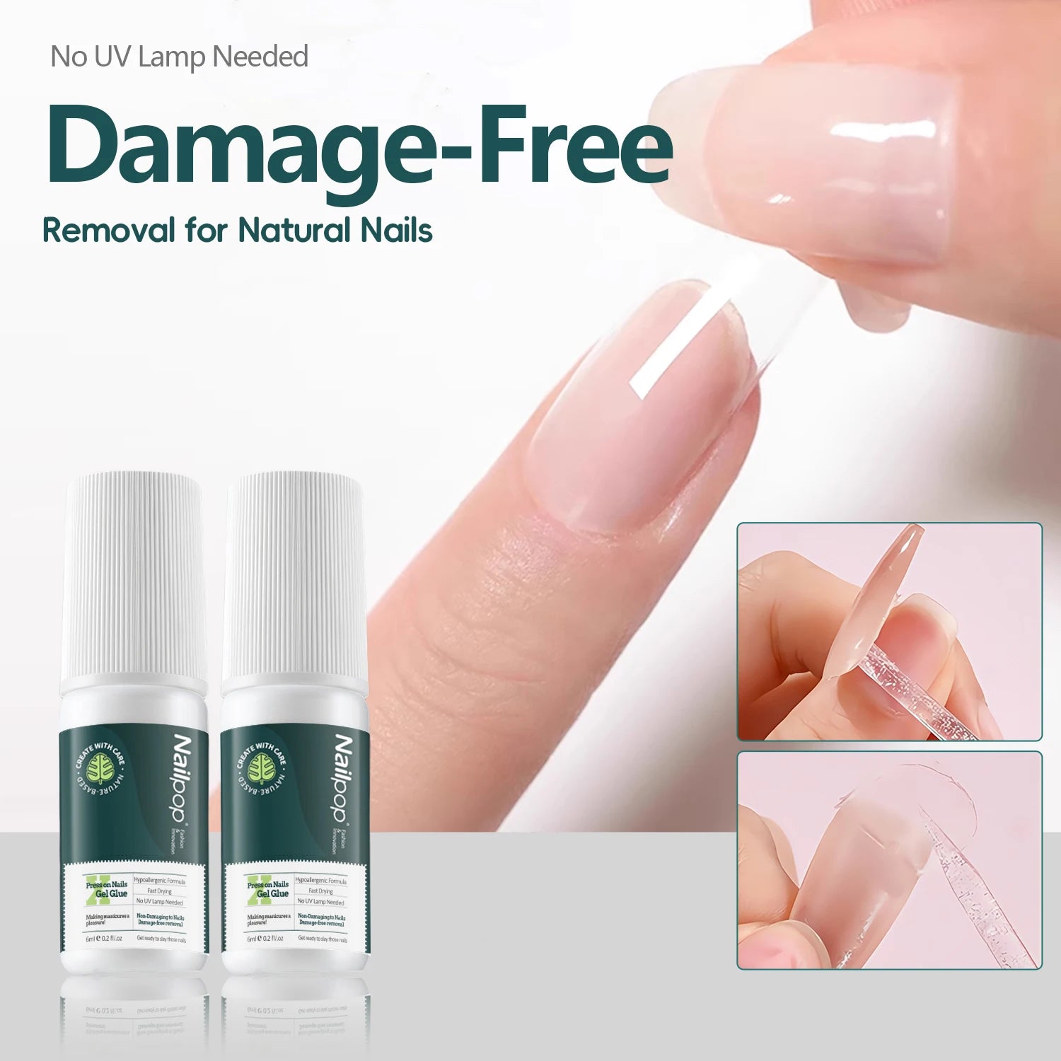 Nail care product with text 'No UV Lamp Needed Damage-Free Removal for Natural Nails' on a white background.