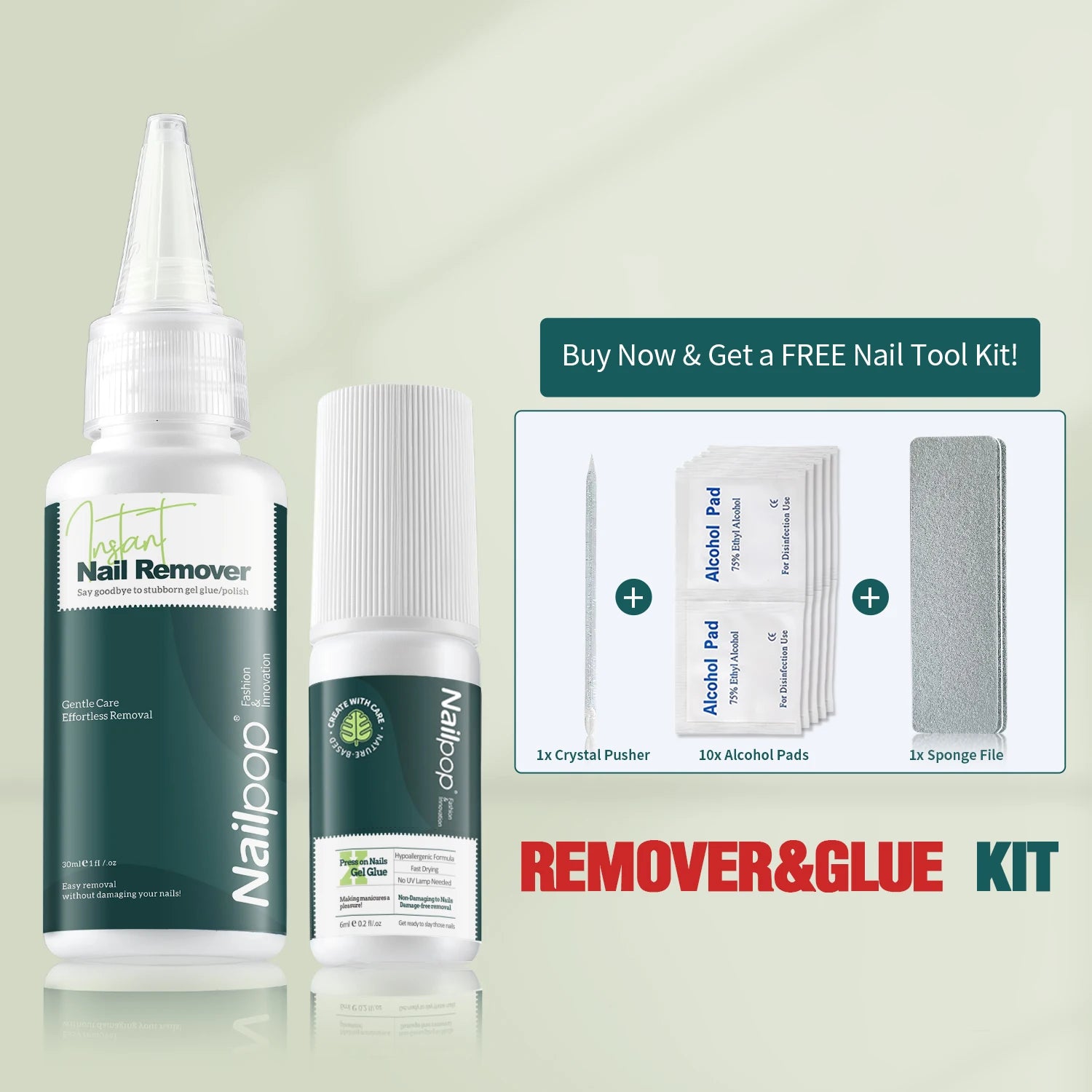 Nail removal products with a free tool kit offer on a light green background