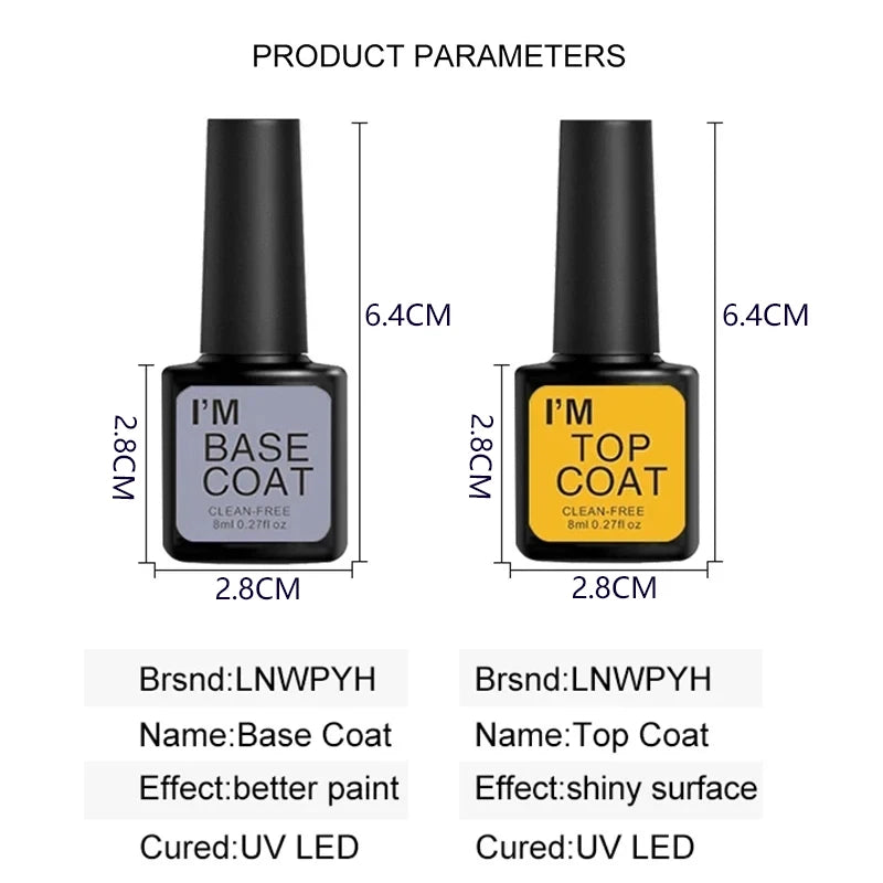 Measurement chart for 'I'm Base Coat' and 'I'm Top Coat' with brand details on a white background.