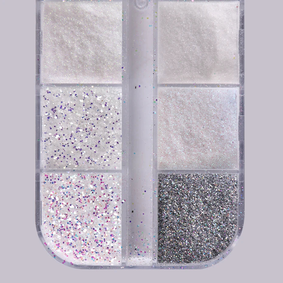 12 Grid White Sugar Iridescent Nail Glitter Flakes Set