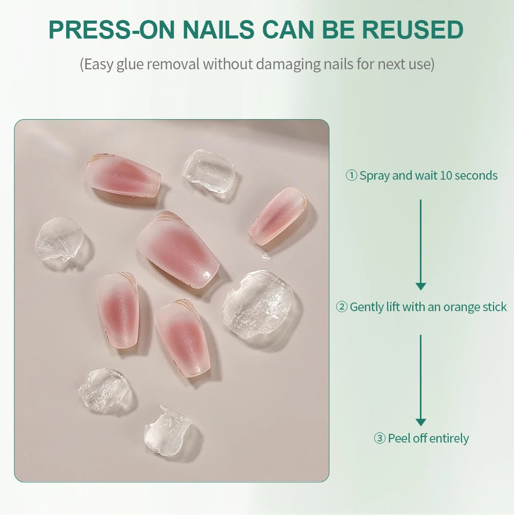 Instructions for reusing press-on nails with a close-up of the nails on a neutral background.