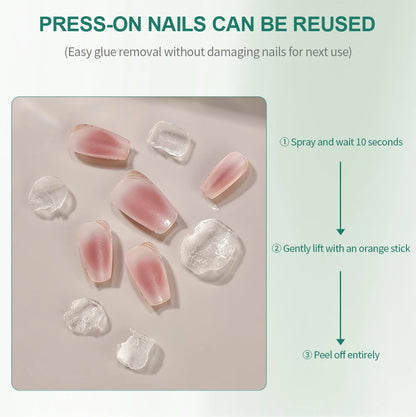 Instructions for reusing press-on nails with a close-up of the nails on a neutral background.