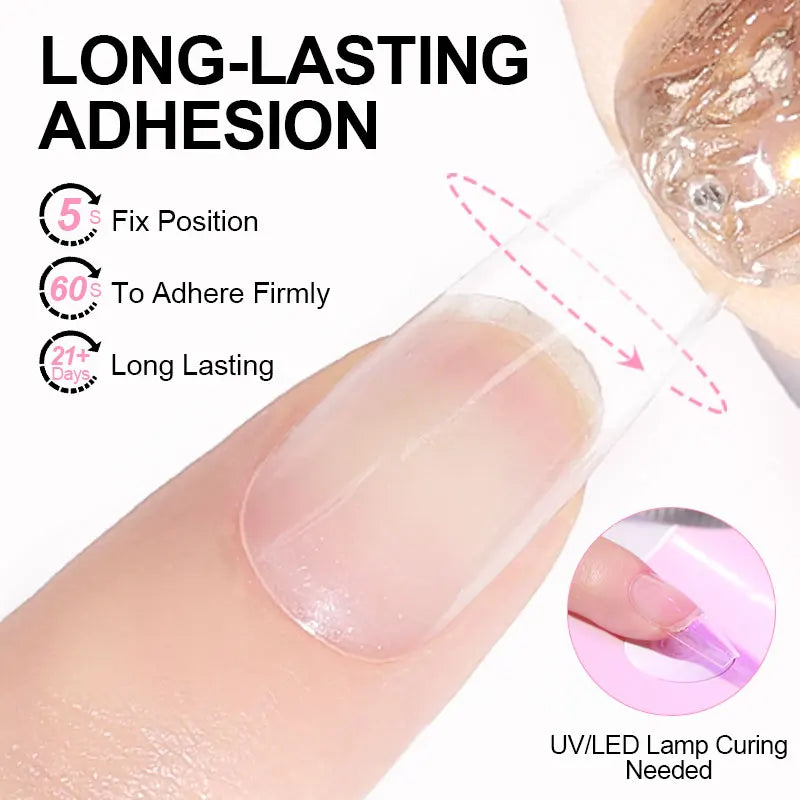 Nail adhesive application with text on long-lasting adhesion and curing process.