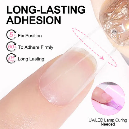 Nail adhesive application with text on long-lasting adhesion and curing process.