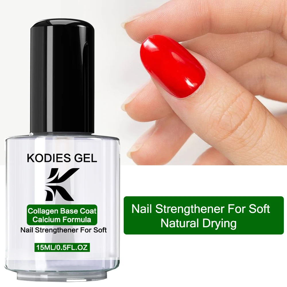 Kodies Gel nail strengthener bottle with a hand showing red nails on a white background