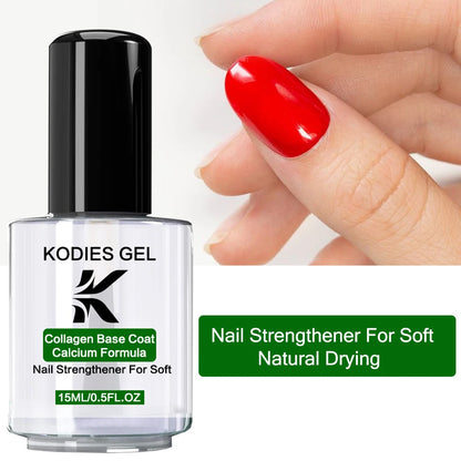 Kodies Gel nail strengthener bottle with a hand showing red nails on a white background
