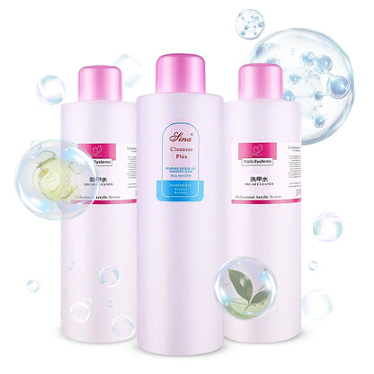 Three bottles of 'Sina' nail cleaner with bubbles and a rose graphic on a white background