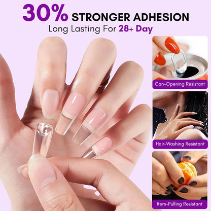 Nail polish with 30% stronger adhesion and long-lasting properties, shown on a hand with clear nail polish.
