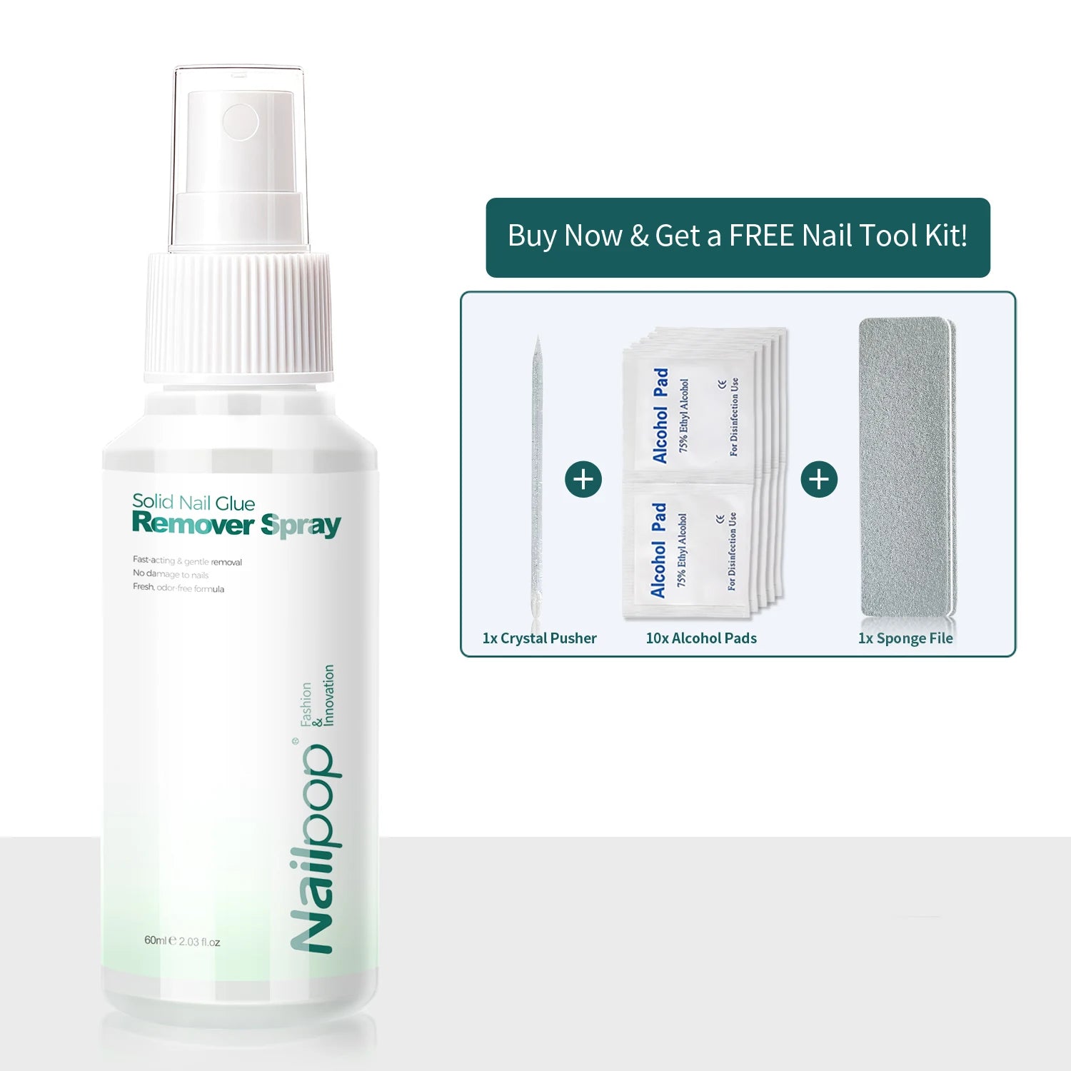 Solid Nail Glue Remover Spray with a free nail tool kit on a white background