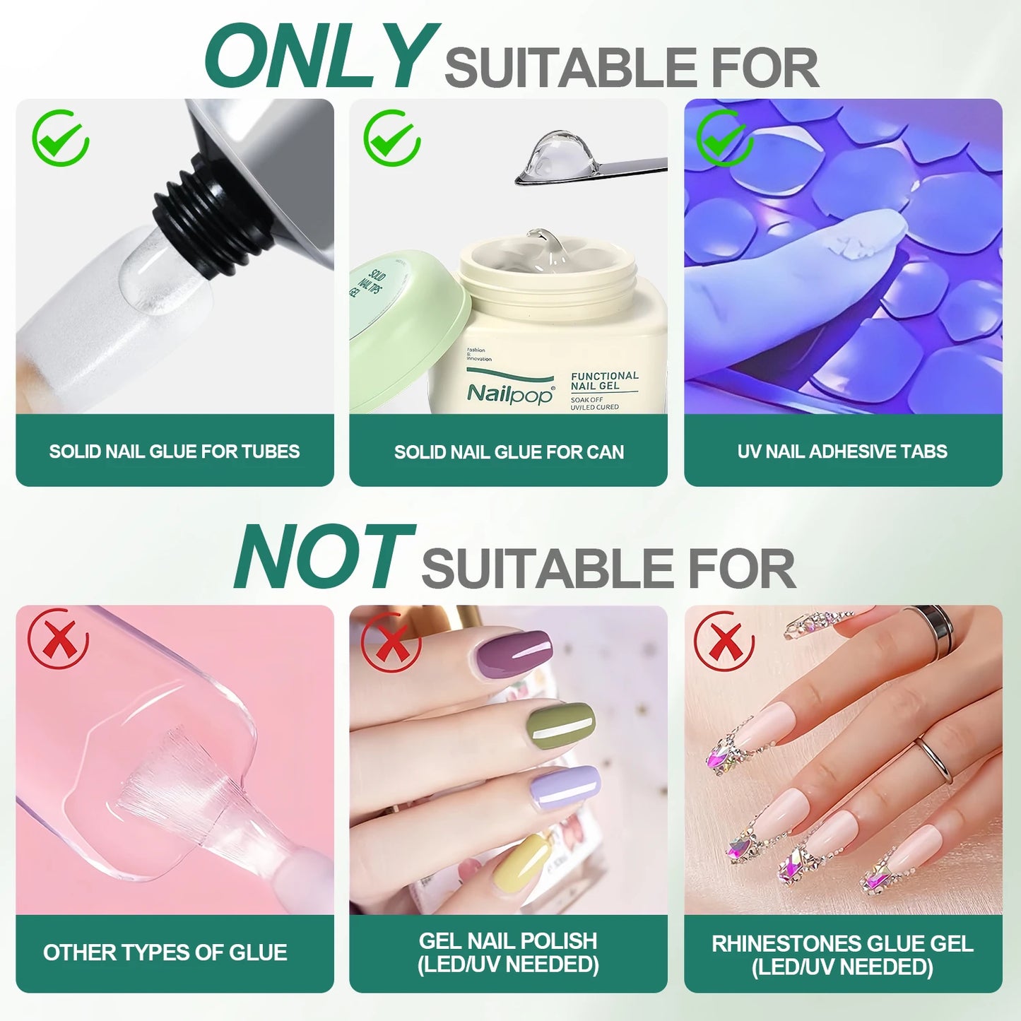 Nail glue compatibility chart with suitable and unsuitable products for use.
