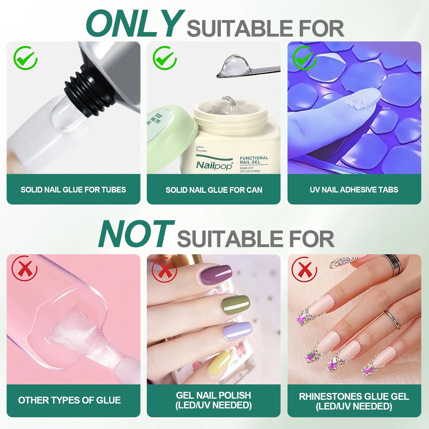 Nail glue compatibility chart with suitable and unsuitable products for use.