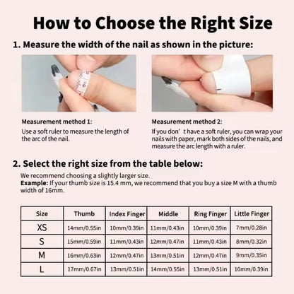 Instructions on how to choose the right size nail product with measurement methods and a size chart.