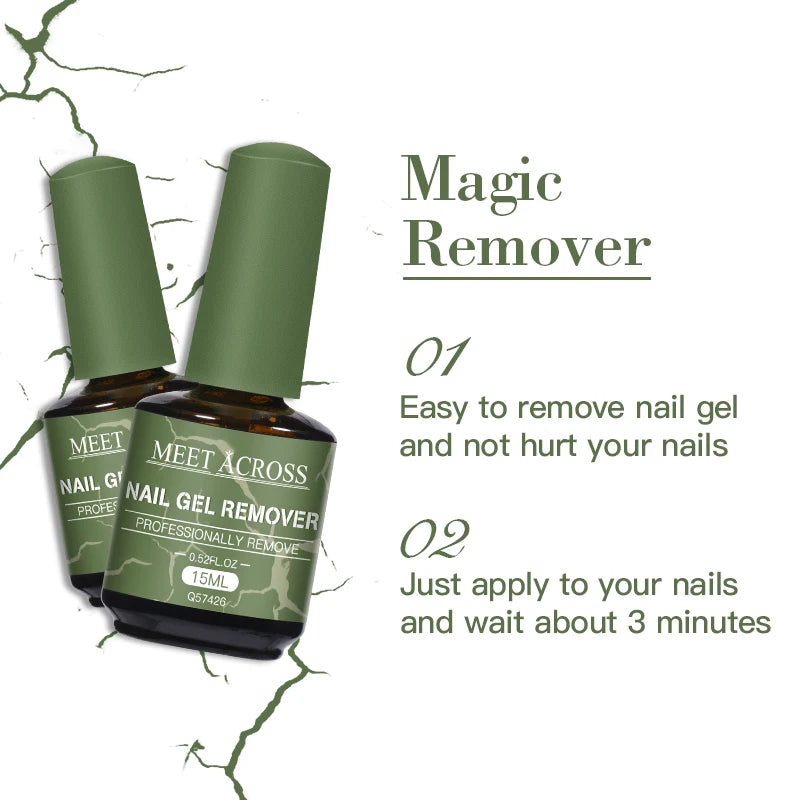 Two bottles of Meet Across nail gel remover with text on a white background