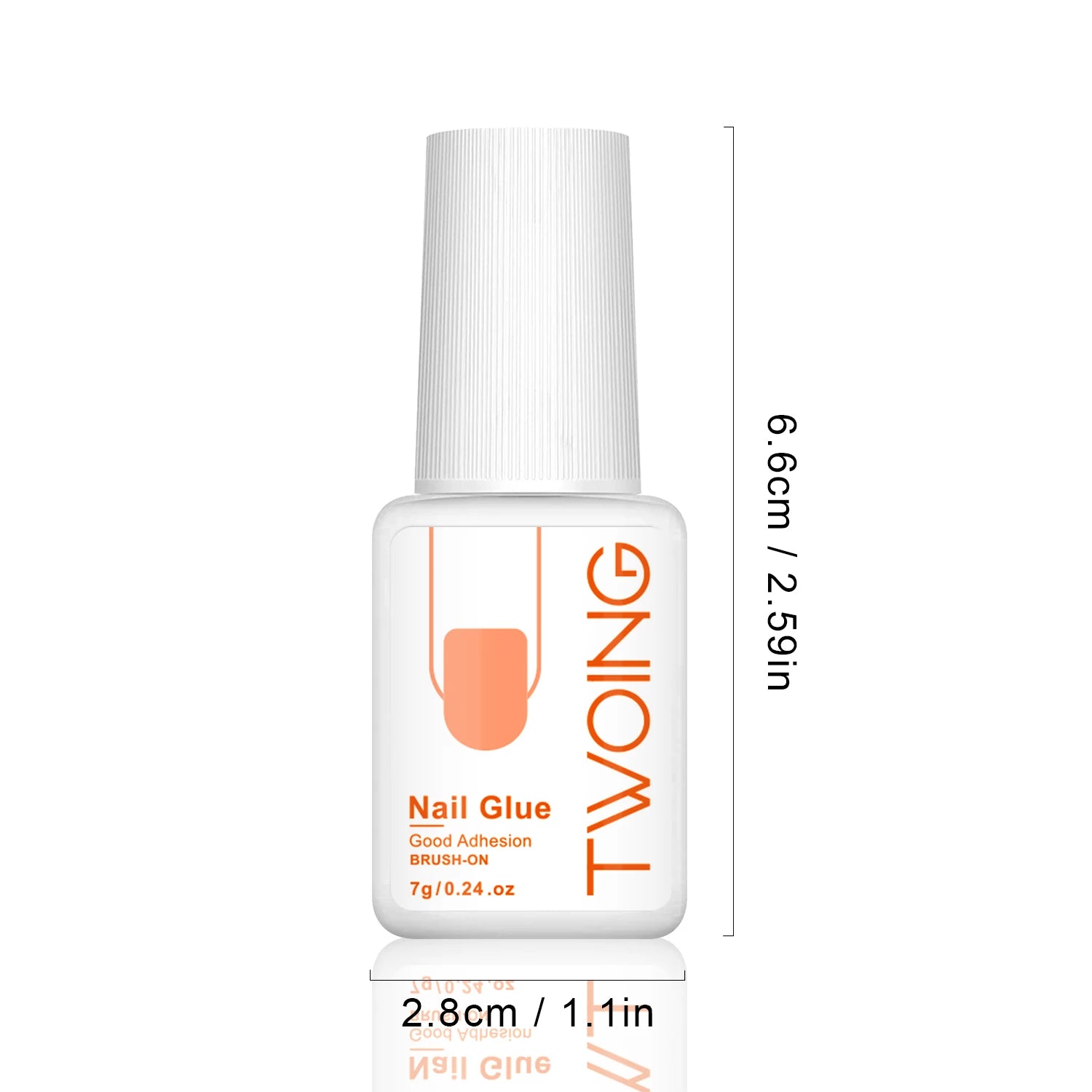 Bottle of nail glue with dimensions labeled on a white background