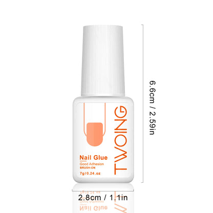 Bottle of nail glue with dimensions labeled on a white background